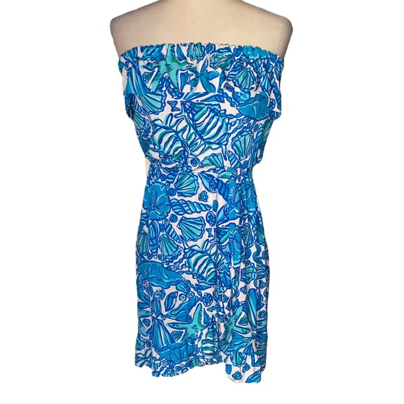 Lilly Pulitzer Strapless Ruffe Dress in Flor Shorely Blue Sailors Valentine - S - Picture 4 of 14